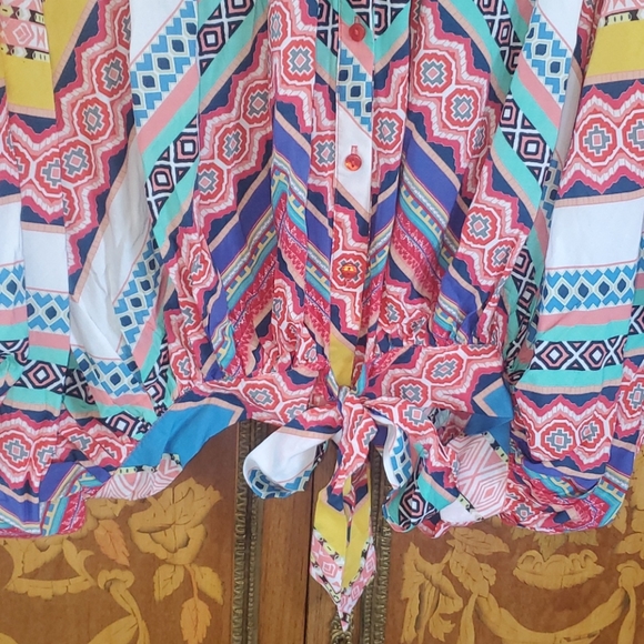 *520 Tolani Collection Ikat Front-Tie Button Up Top - Picture 3 of 10